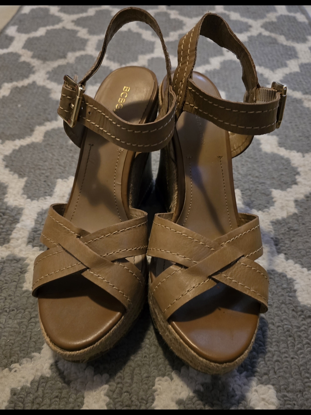 BCBG Brown Leather Wedge Sandals - Tan Strappy Espadrille 8.5